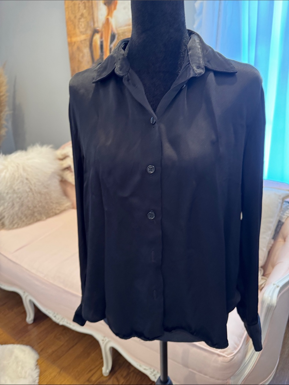 Zara Black Button-Front Long Sleeve Blouse